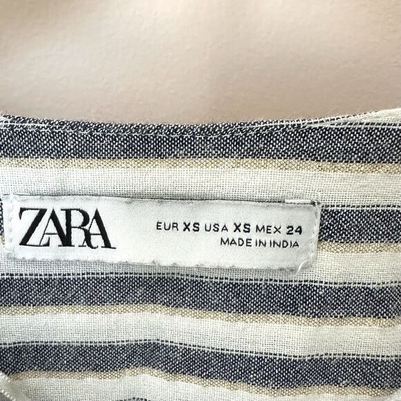 Zara Top Women’s XS Tunic White Blue Gold Stripe Button Down Long Sleeve - Picture 2 of 11